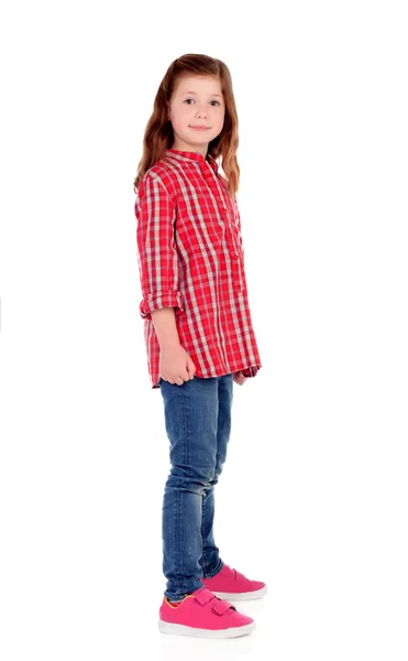 Adorable niña con camisa a cuadros roja Imagen de archivo