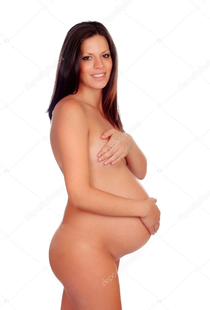 Delicate pose of a pregnant woman with naked torso