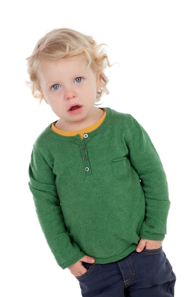 Adorable blond baby with hands in the pockets — Stock Photo, Image