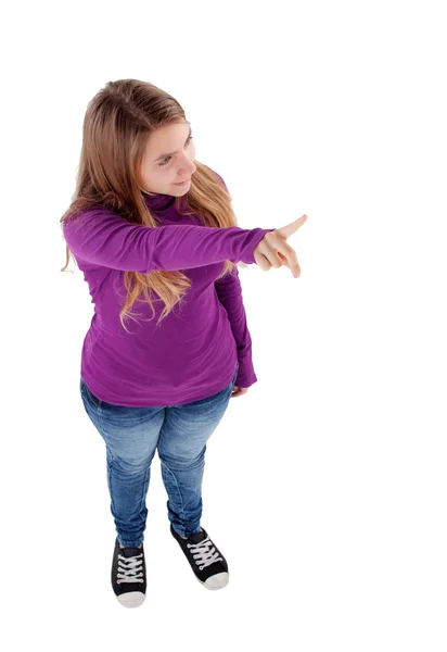 Menina jovem apontando com o dedo — Fotografia de Stock