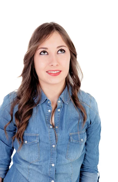 Chica bonita maquillaje con ojos marrones mirando hacia arriba — Foto de Stock