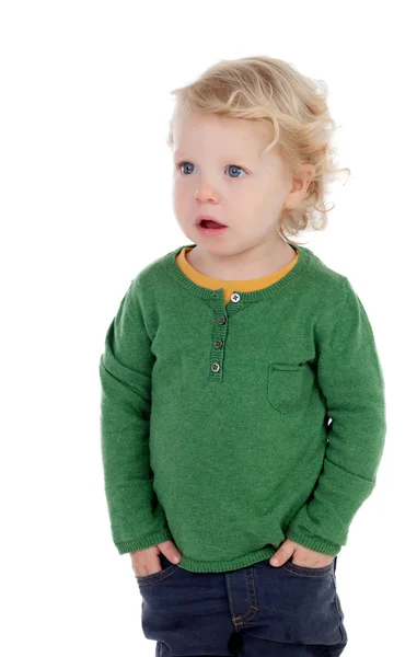 Adorable blond baby with hands in the pockets — Stock Photo, Image