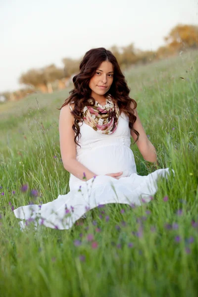Relaxado mulher grávida sentado na grama — Fotografia de Stock