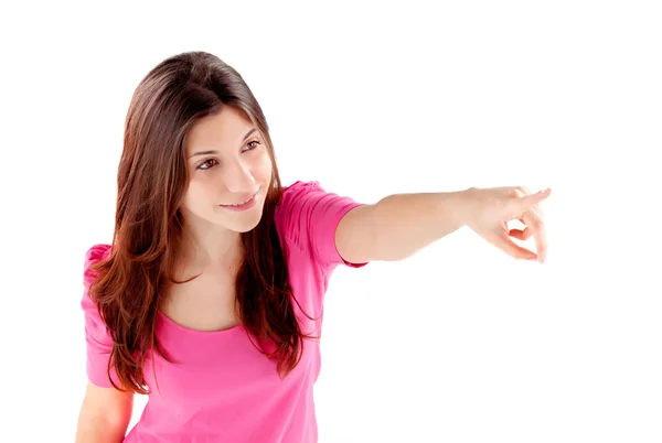 Jonge brunette meisje met de vinger te wijzen — Stockfoto