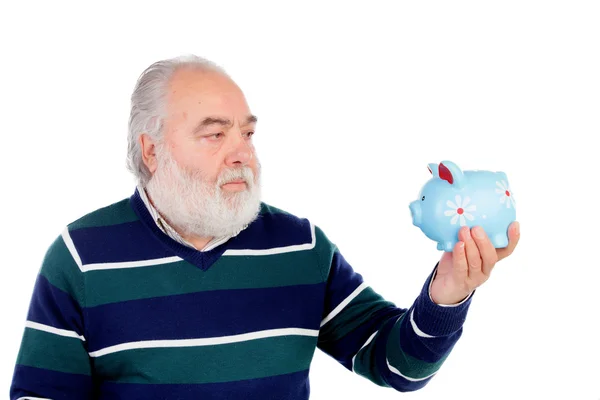 Homem sênior com barba branca e caixa de dinheiro azul — Fotografia de Stock