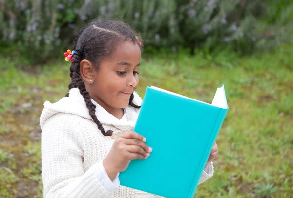 Jolie fille africaine dans le parc lisant un livre — Photo