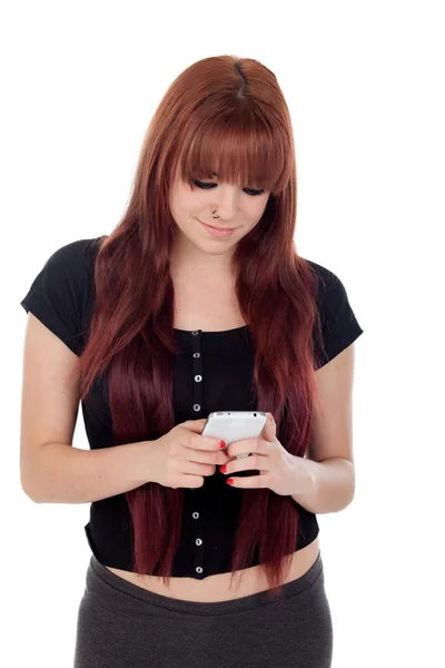 Menina adolescente vestida de preto com seu celular — Fotografia de Stock