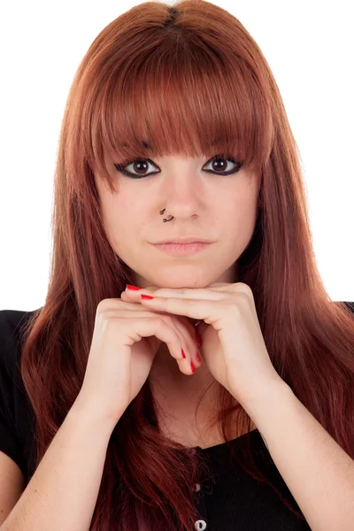 Pensive teenage girl dressed in black with a piercing — Stock Photo, Image