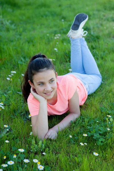 Gelukkig preteen meisje liggen in het gras — Stockfoto