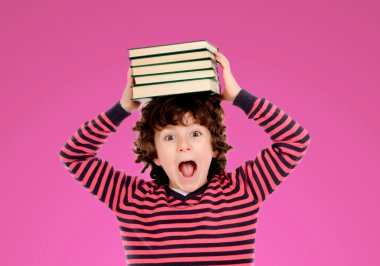 Crazy boy with many books on the head