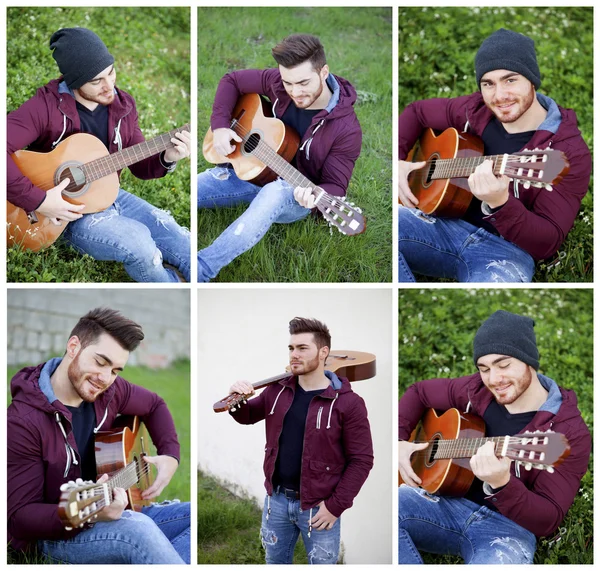 Chico genial tocando la guitarra en el parque — Foto de Stock