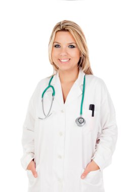 Beyaz paltolu güzel sarışın doktor