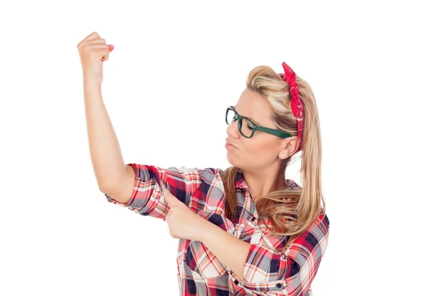 Girl looking her strong arm — Stock Photo, Image