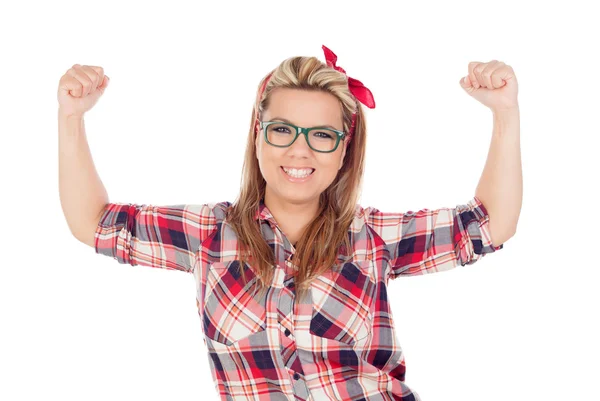 Vincitore ragazza bionda con gli occhiali — Foto Stock