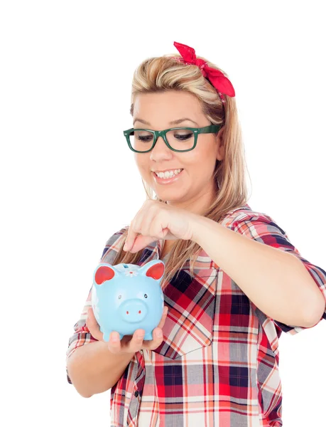 Cute Blonde Girl with money box — Stock Photo, Image