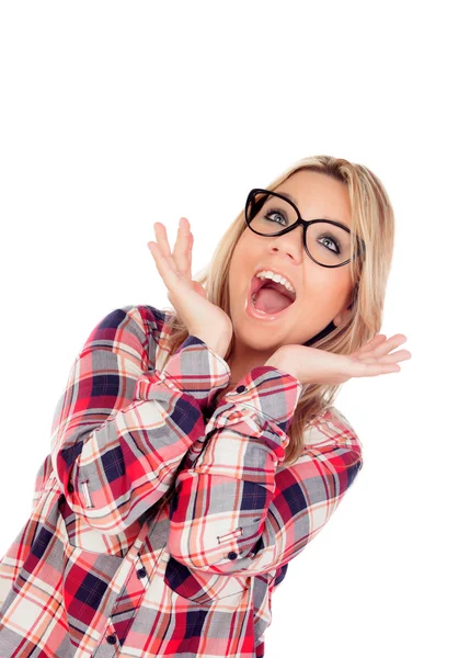 Blondes Mädchen mit Brille überrascht — Stockfoto