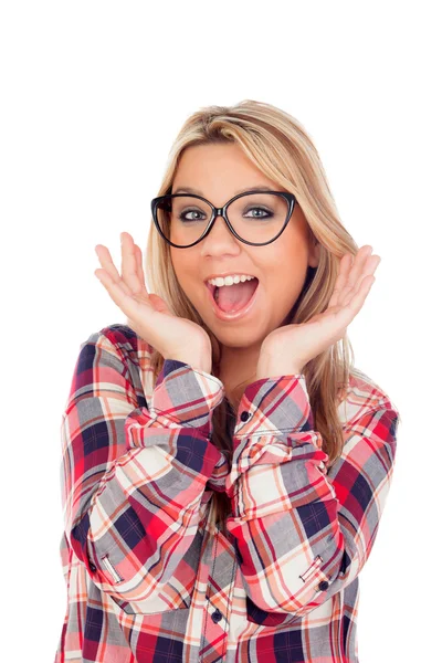 Blondes Mädchen mit Brille überrascht — Stockfoto