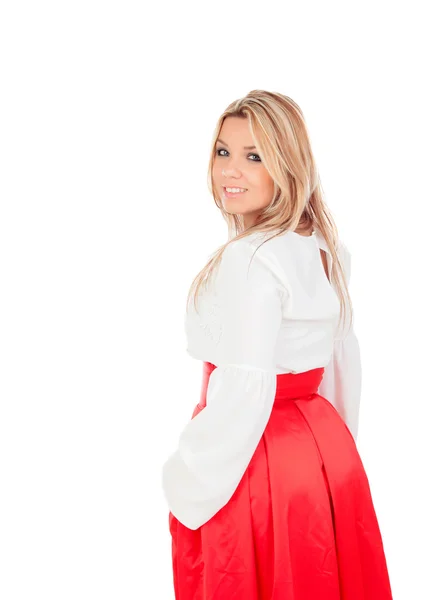 Blondynka z eleganckim czerwona spódnica — Zdjęcie stockowe