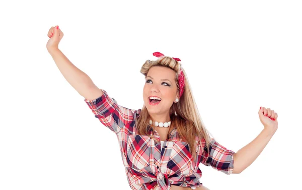 Happy girl with arms up in pinup style — Stock Photo, Image