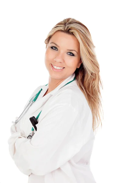 Piękna blondynka lekarz w biały płaszcz — Zdjęcie stockowe