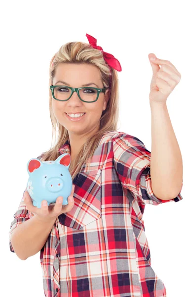 Schattige Blonde meisje met geld vak — Stockfoto