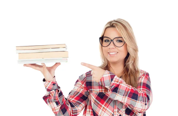 Κορίτσι με τα γυαλιά και βιβλία ω το χέρι — Φωτογραφία Αρχείου