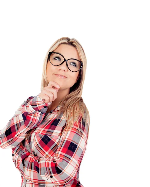 Cute Blonde Girl with glasses thinking — Stock Photo, Image
