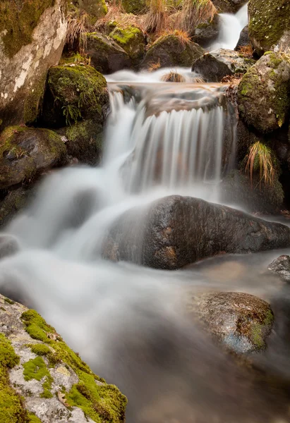 Wasserfall fällt auf einen Stein mit Moos — Stockfoto