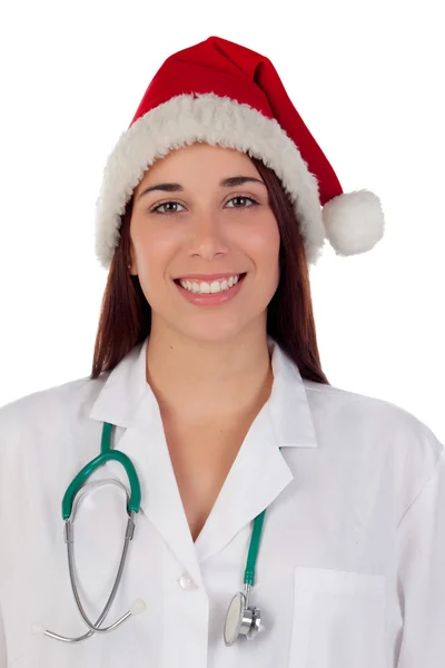 Brunette médecin avec chapeau de Noël — Photo