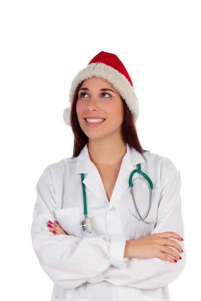 Médico morena con sombrero de Navidad — Foto de Stock