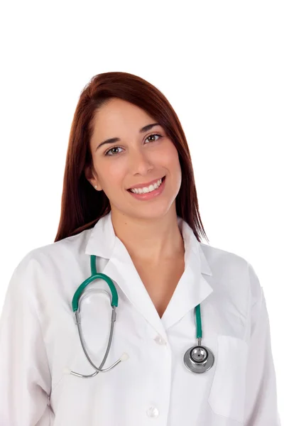 Caucasian brunette doctor in white coat — Stock Photo, Image