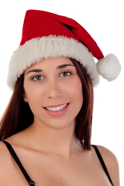 Chica seductora en sujetador con gorra de Navidad — Foto de Stock