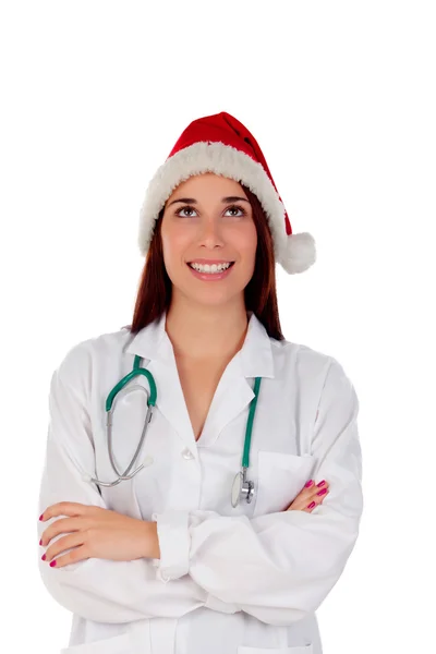 Брюнетка лікаря з Різдва капелюх — стокове фото