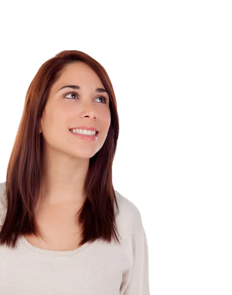 Cool smiling girl looking up — Stock Photo, Image