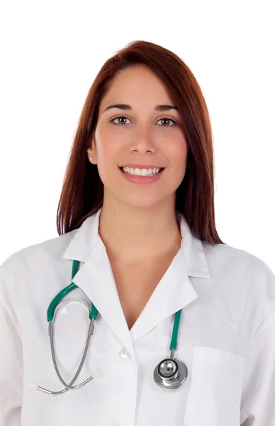 Caucasian brunette doctor in white coat — Stock Photo, Image