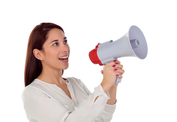 Menina legal falando através de um megafone — Fotografia de Stock