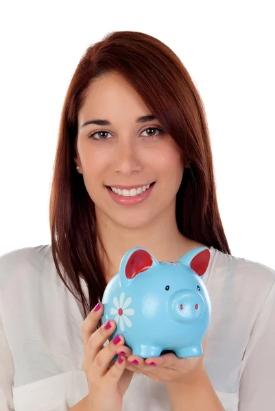 Bela jovem com uma caixa de dinheiro azul — Fotografia de Stock