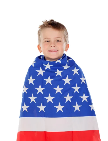 Blond child wrapped on American flag — Stock Photo, Image