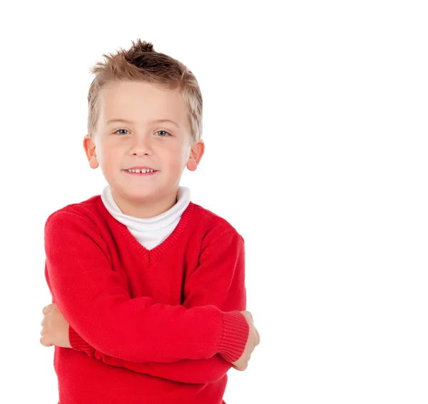 Ragazzo biondo carino con jersey rosso — Foto Stock