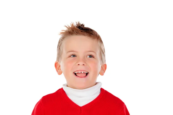 Aranyos szőke gyerek, vörös trikó — Stock Fotó