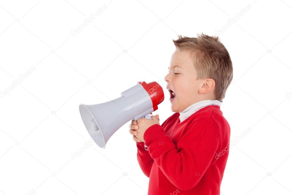 Small boy shouting through a megaphone 