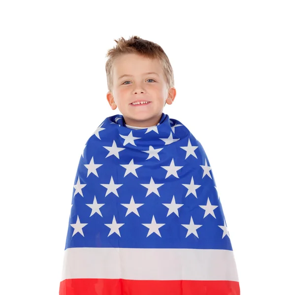 Blond child wrapped on American flag — Stock Photo, Image