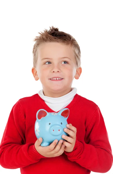 Nice kid with blue moneybox — Stock Photo, Image