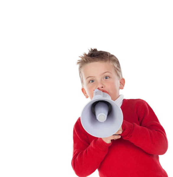 Menino pequeno gritando através de um megafone — Fotografia de Stock