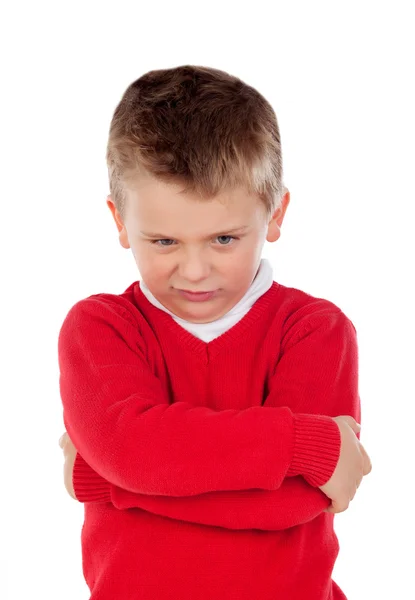 Pequeno garoto irritado com camisa vermelha — Fotografia de Stock