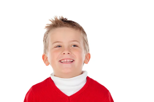 Roztomilý blonďatý kluk s červeným jersey — Stock fotografie