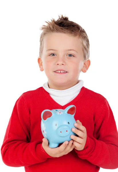 Nice kid with blue moneybox — Stock Photo, Image