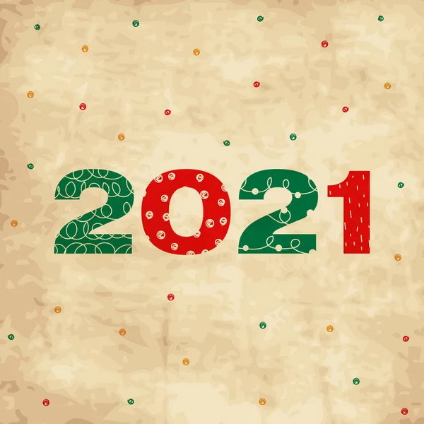 Carte Vintage Rouge Verte Noël Avec Éléments Griffonnés Lettrage 2021 — Image vectorielle