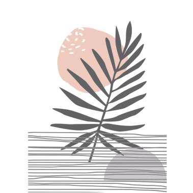 Yapraklı, geometrik şekilli ve çizgileri olan asgari botanik duvar sanatı. Çağdaş çizgi sanat şablonu.