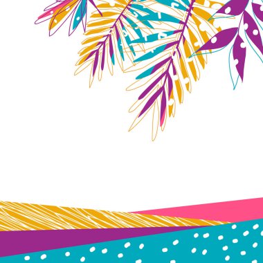 Çiçek ve geometrik elementler ve karalamalarla el çizimi moda, renkli yaratıcı polka baskı tasarımı, hurda kolaj kartı, yapraklı ve karalamalı modern şablon.